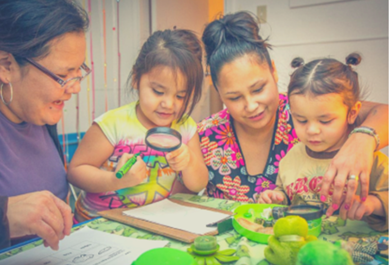 Two women with dark hair and darker skin smile while looking at a clipboard with two young children. Both children have dark skin and dark hair and are looking at the clipboard through a magnifying glass.